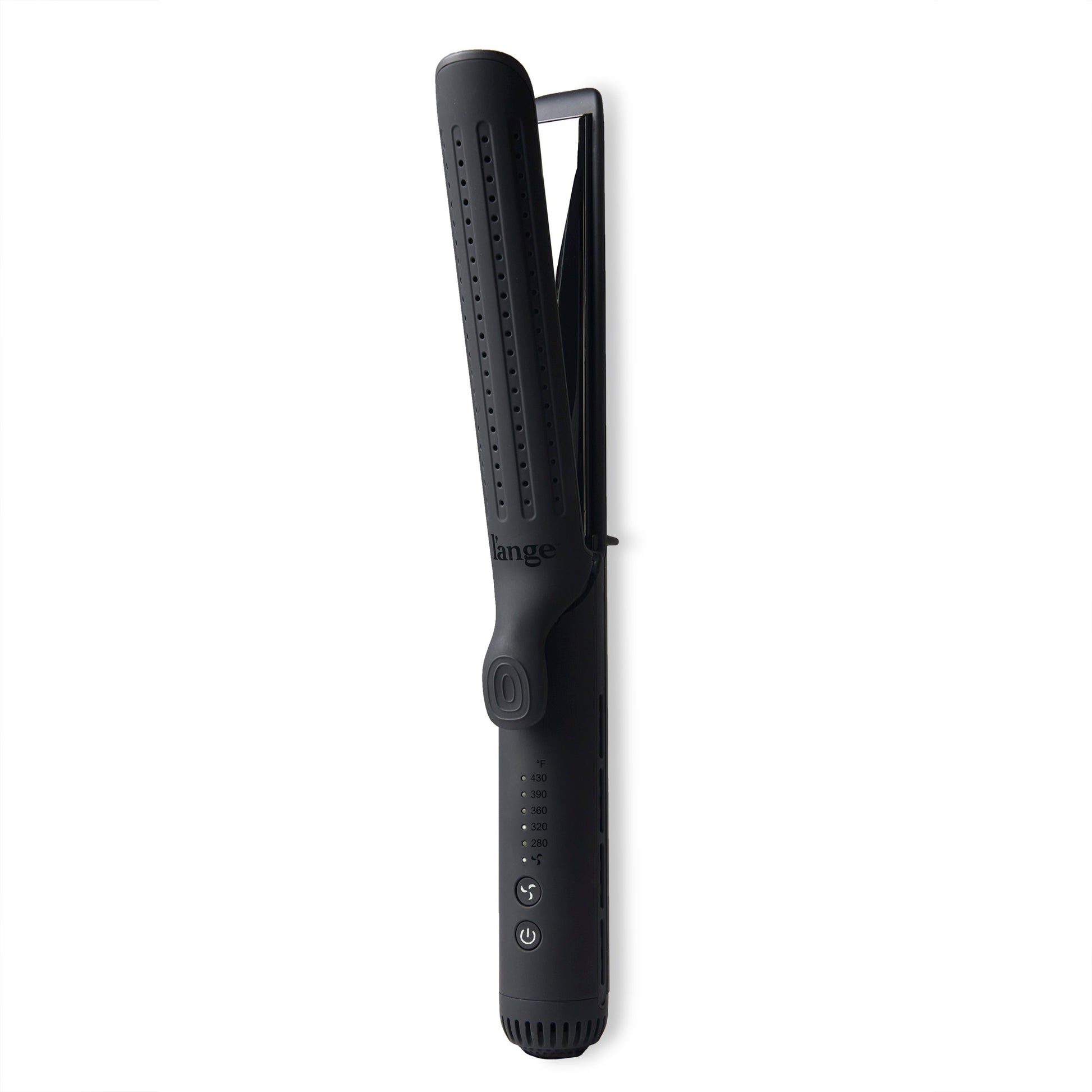 The black Le Duo Grande is open & stands vertically, showing cooling vents, temperature range & more.
